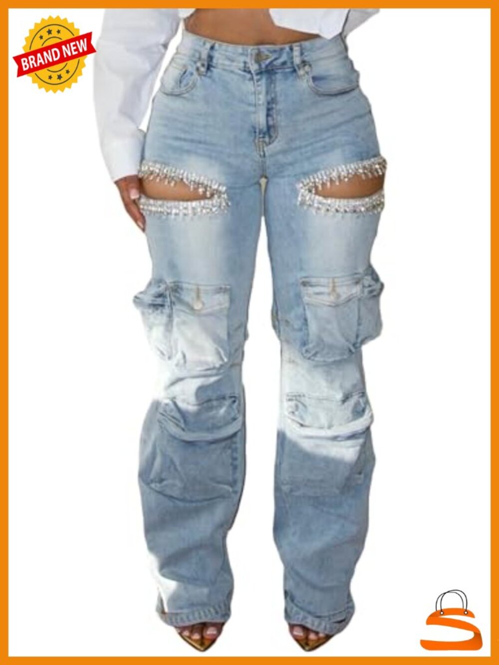 High Waisted Rhinestone Cargo Jeans with Flap Pockets Distressed Wide Leg